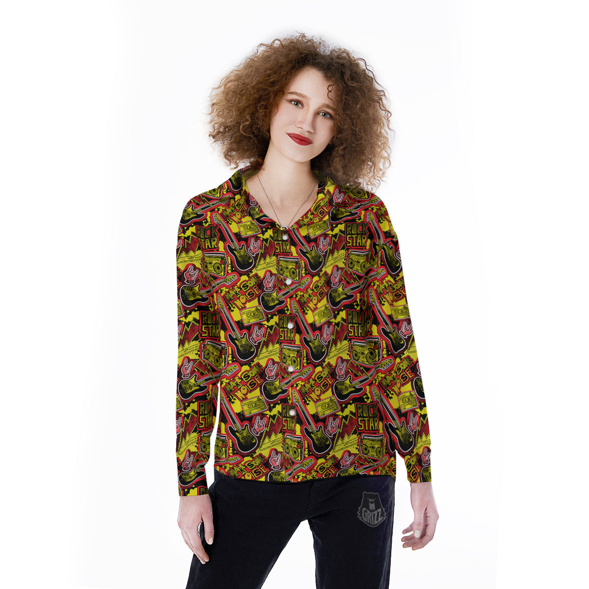 Graffiti Music Rock Star Print Pattern Women's Long Sleeve Shirts-grizzshop