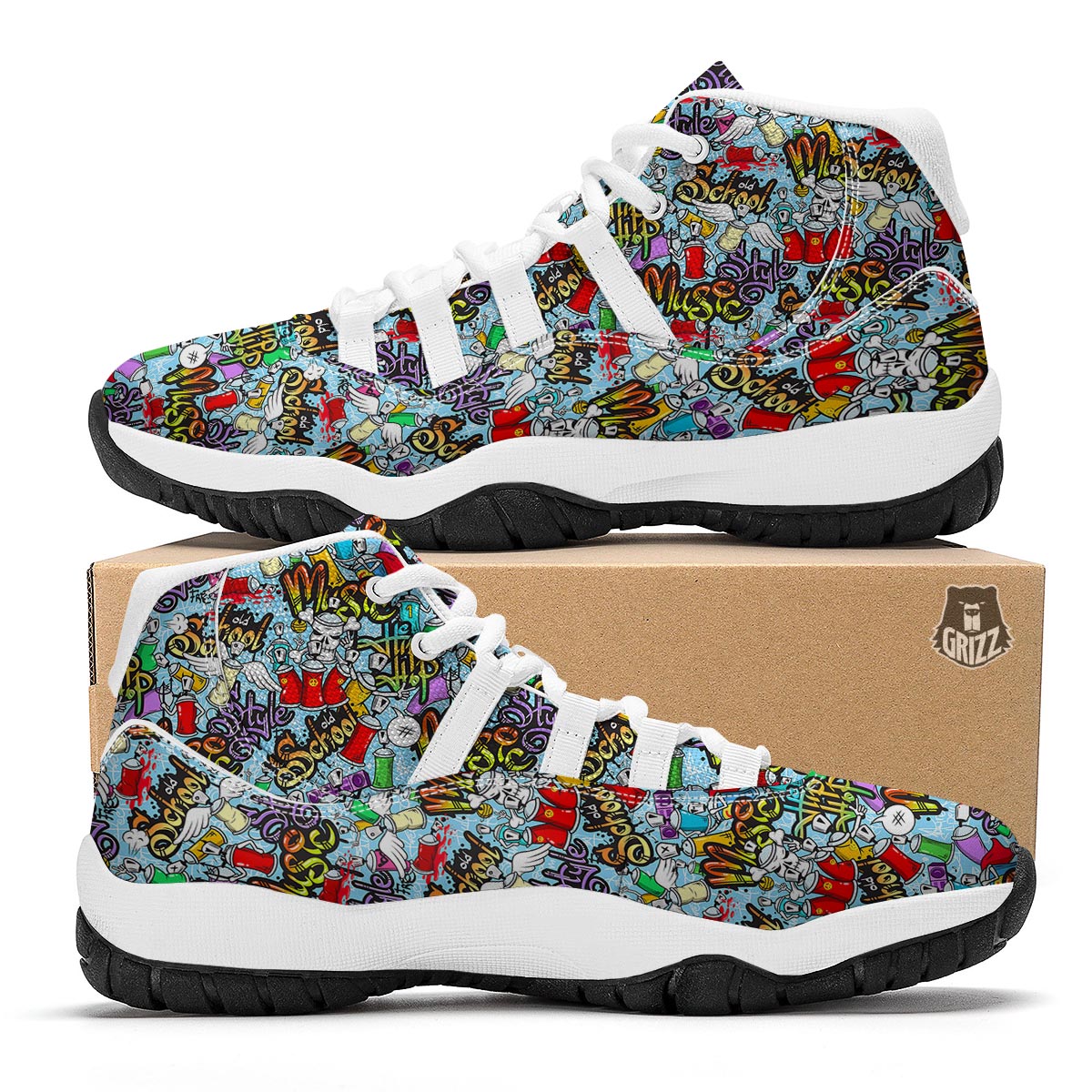 Graffiti Pattern Print White Bball Shoes-grizzshop