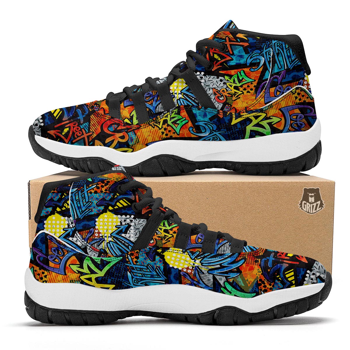 Graffiti Retro Print Pattern Black Bball Shoes-grizzshop