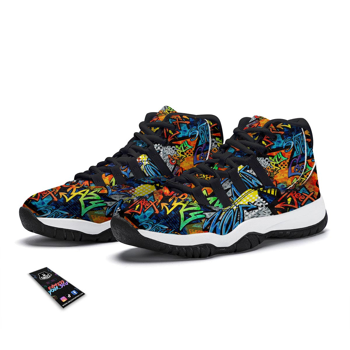 Graffiti Retro Print Pattern Black Bball Shoes-grizzshop