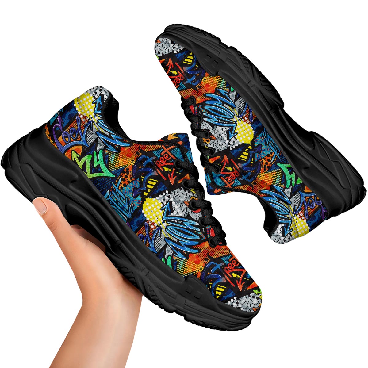 Graffiti Retro Print Pattern Black Chunky Shoes-grizzshop