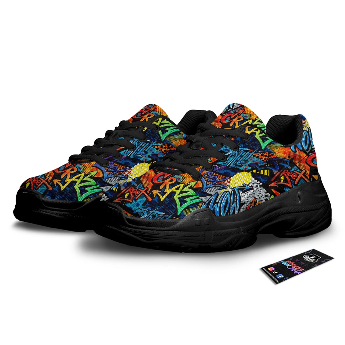 Graffiti Retro Print Pattern Black Chunky Shoes-grizzshop