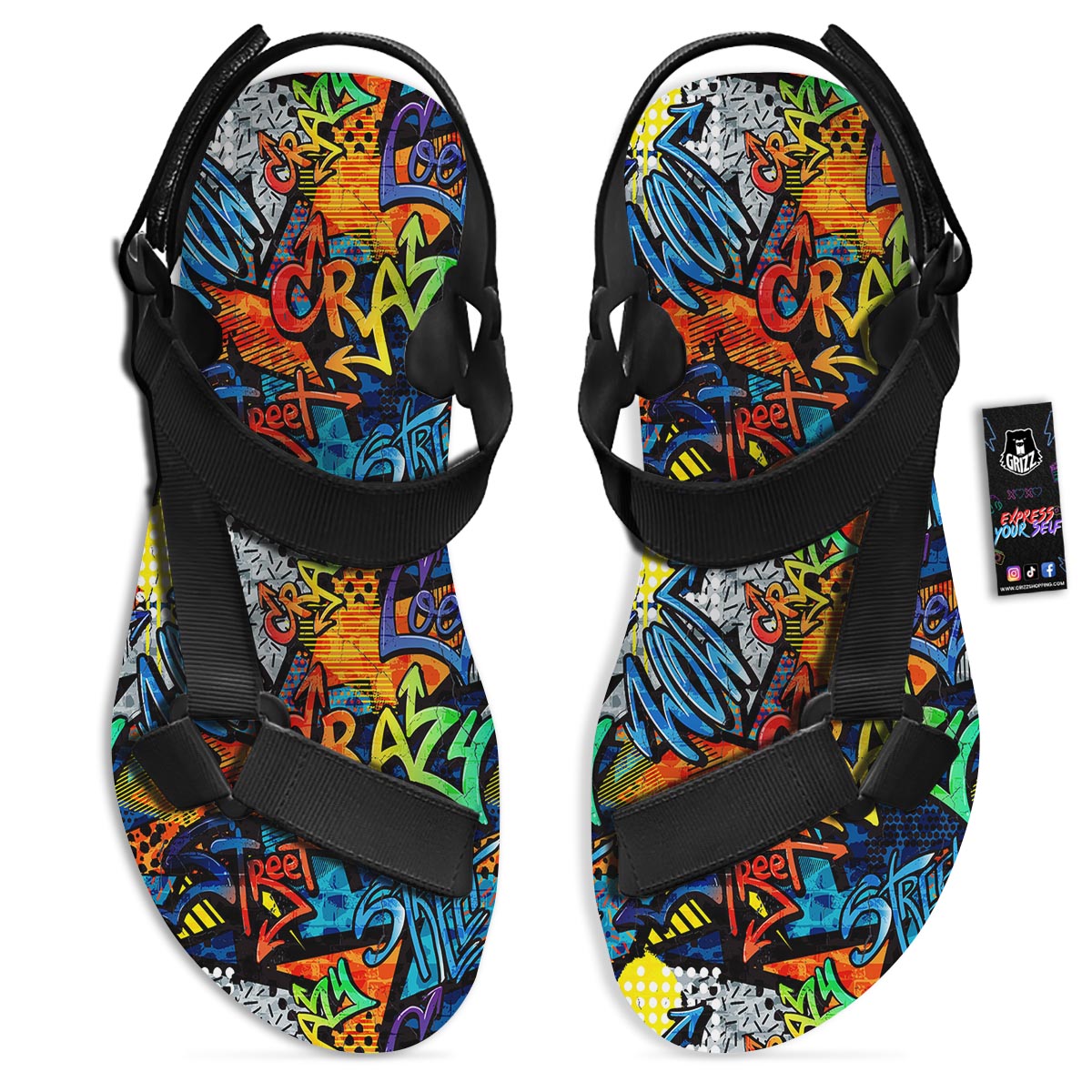 Graffiti Retro Print Pattern Black Open Toe Sandals-grizzshop