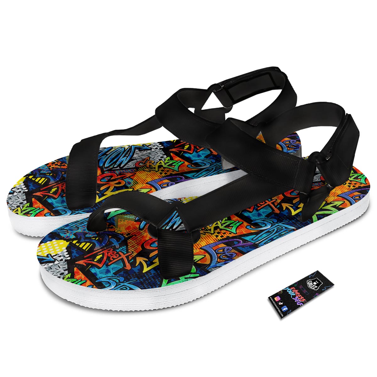 Graffiti Retro Print Pattern Black Open Toe Sandals-grizzshop