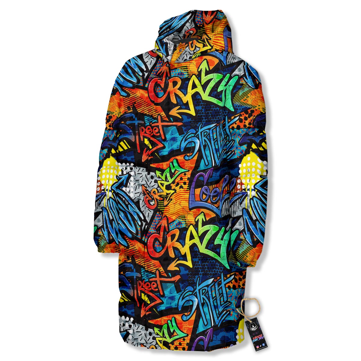 Graffiti Retro Print Pattern Long Down Jacket-grizzshop