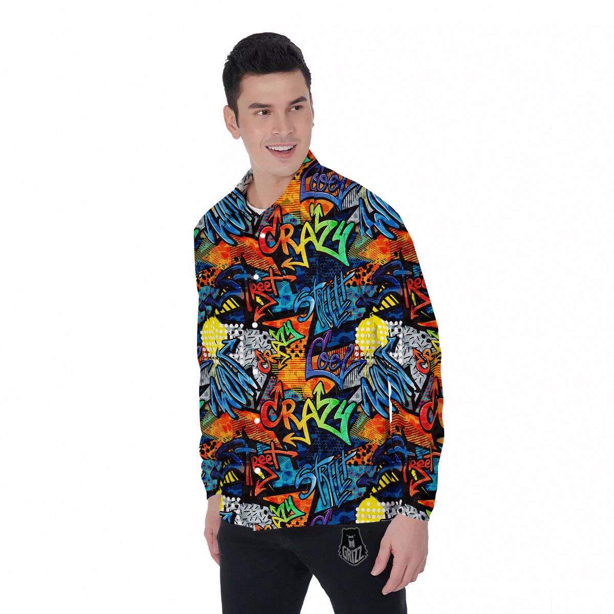 Graffiti Retro Print Pattern Men's Long Sleeve Shirts-grizzshop