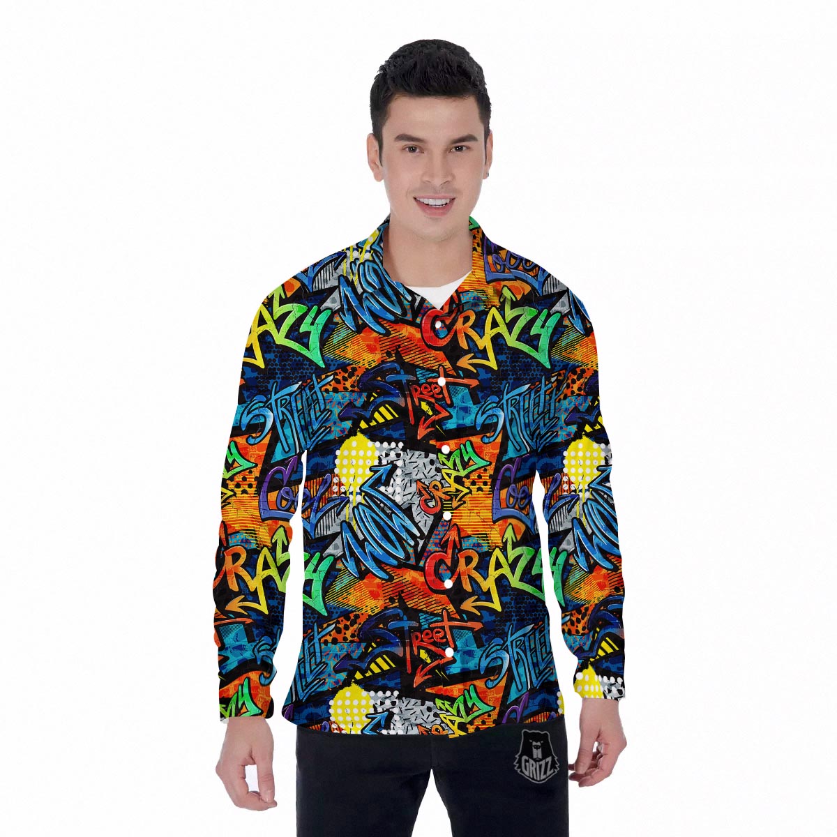 Graffiti Retro Print Pattern Men's Long Sleeve Shirts-grizzshop