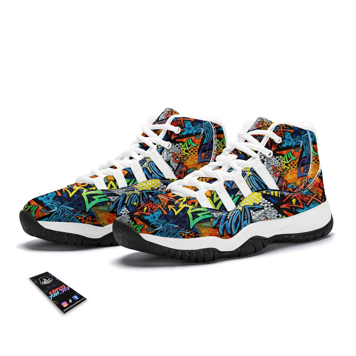 Graffiti Retro Print Pattern White Bball Shoes-grizzshop