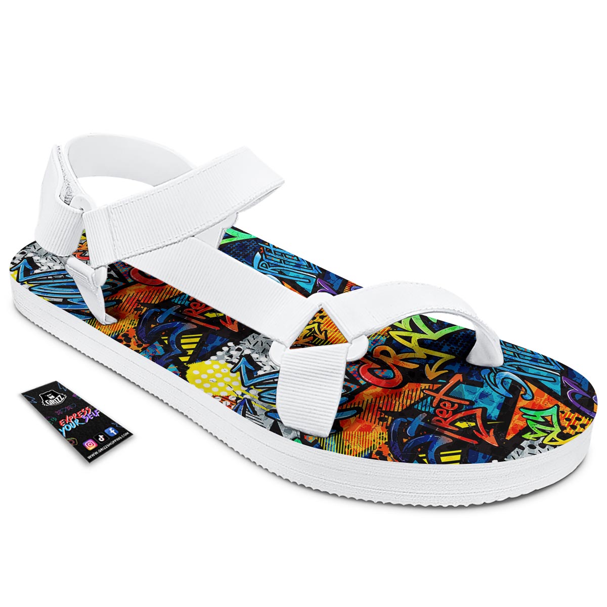 Graffiti Retro Print Pattern White Open Toe Sandals-grizzshop