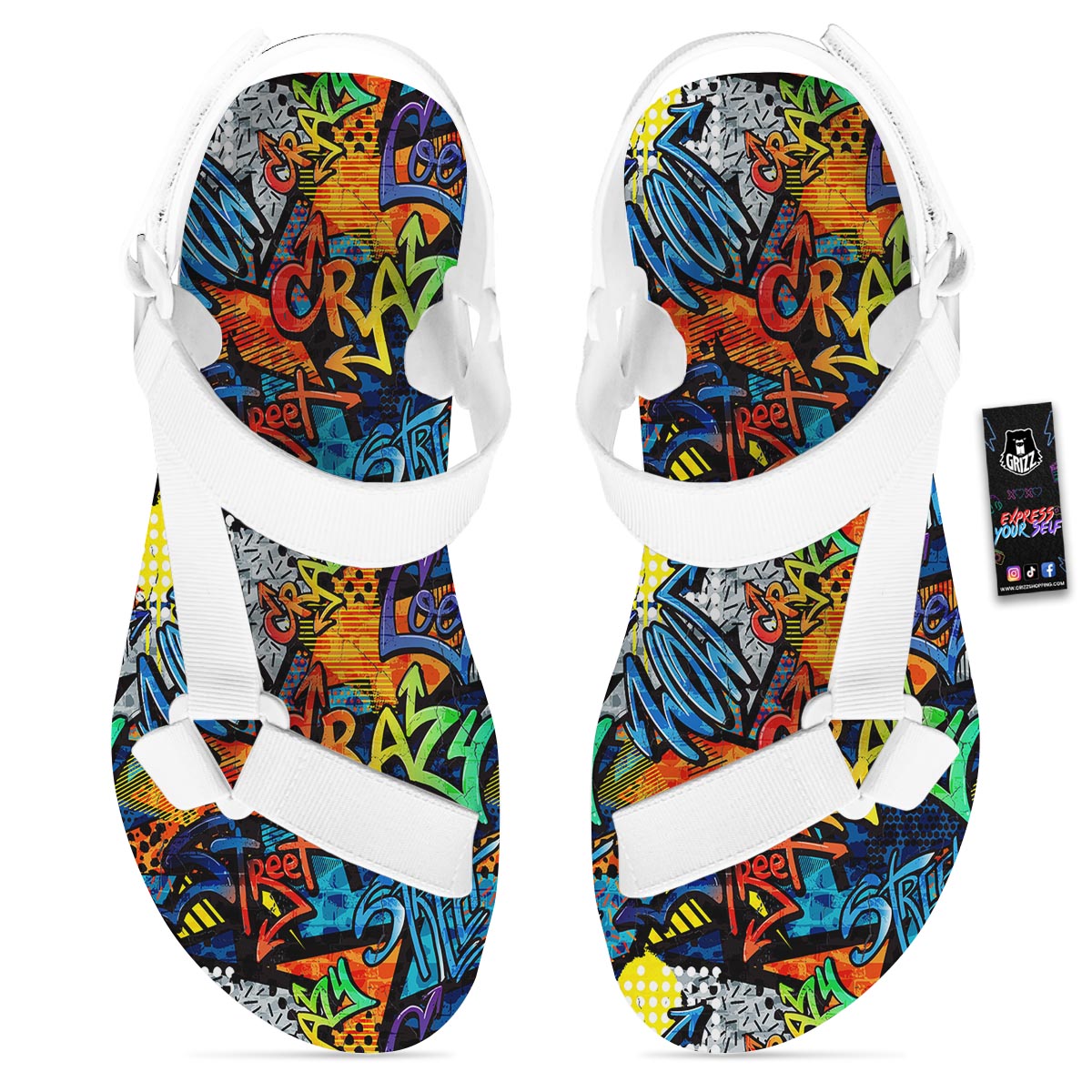 Graffiti Retro Print Pattern White Open Toe Sandals-grizzshop