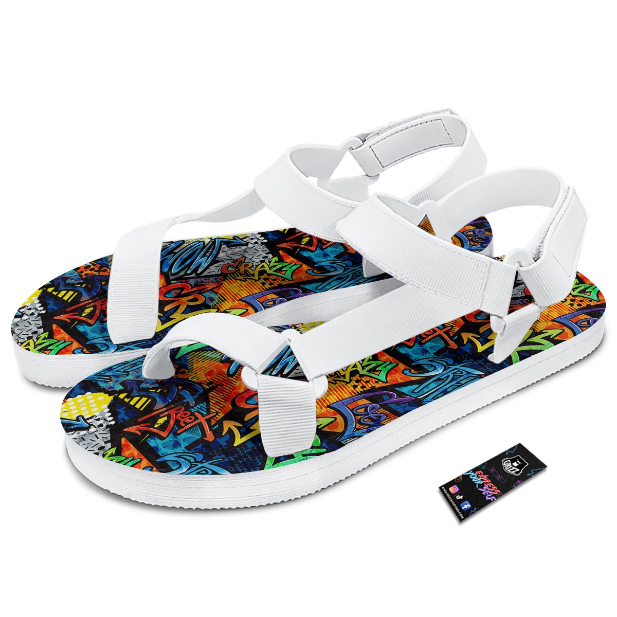 Graffiti Retro Print Pattern White Open Toe Sandals-grizzshop