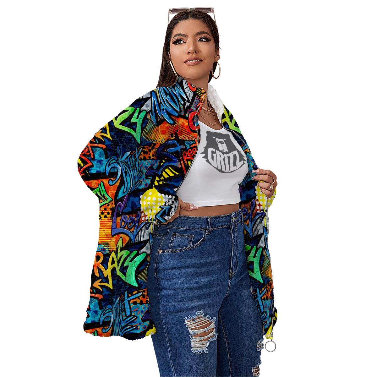 Graffiti Retro Print Pattern Women's Sherpa Jacket-grizzshop