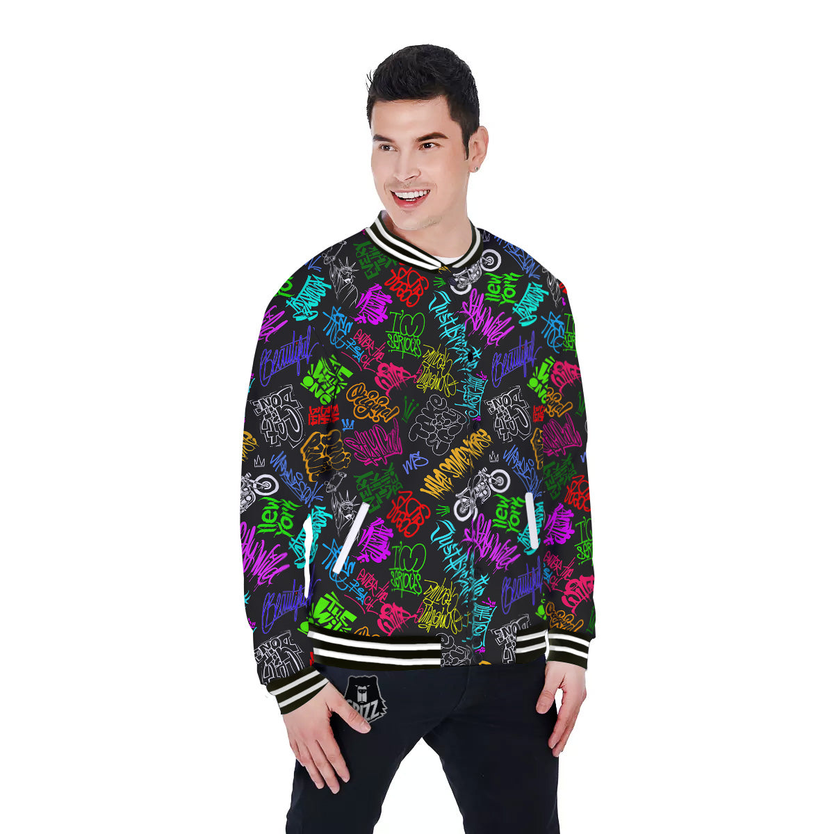 Graffiti Text Colorful Urban Elements Print Pattern Baseball Jacket-grizzshop