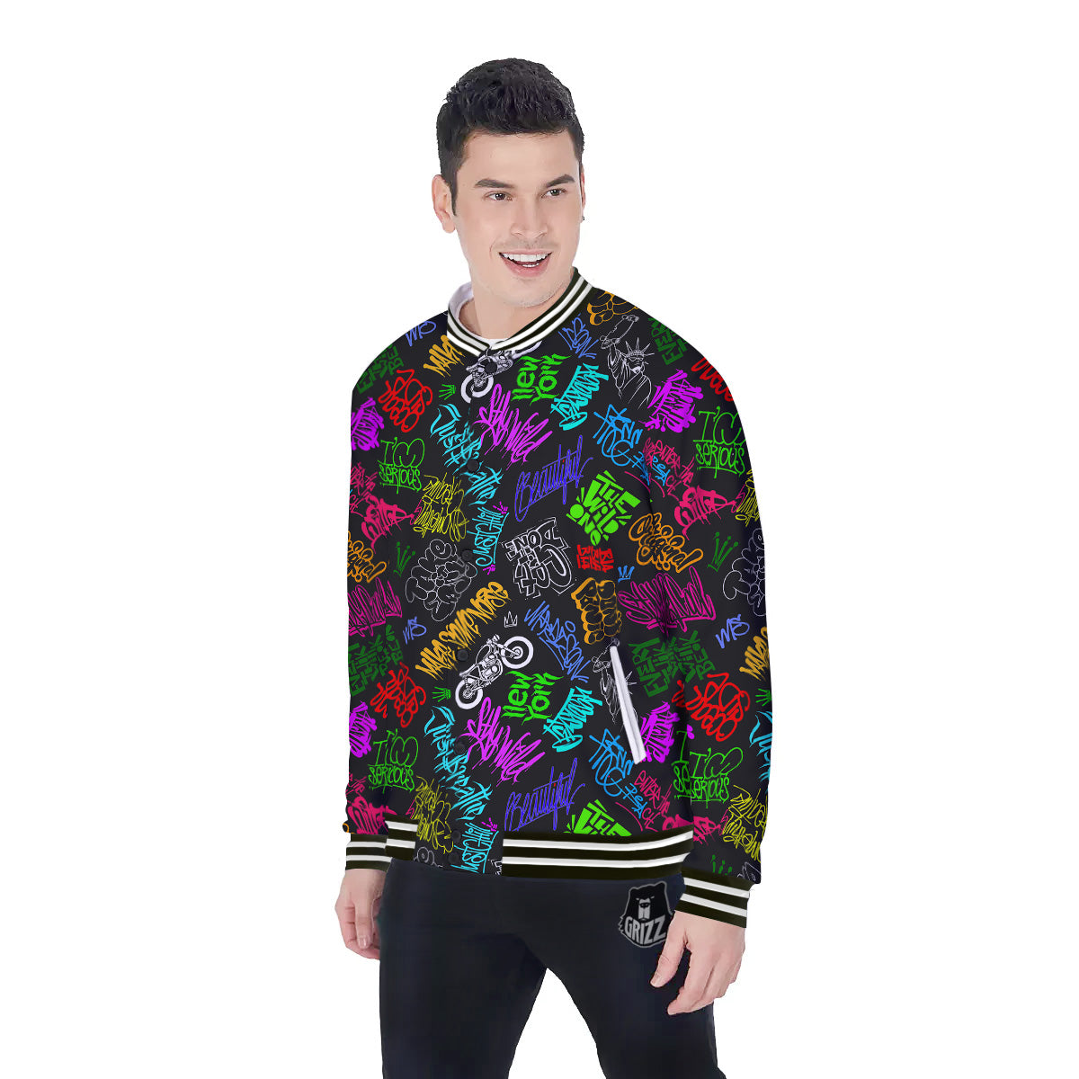 Graffiti Text Colorful Urban Elements Print Pattern Baseball Jacket-grizzshop