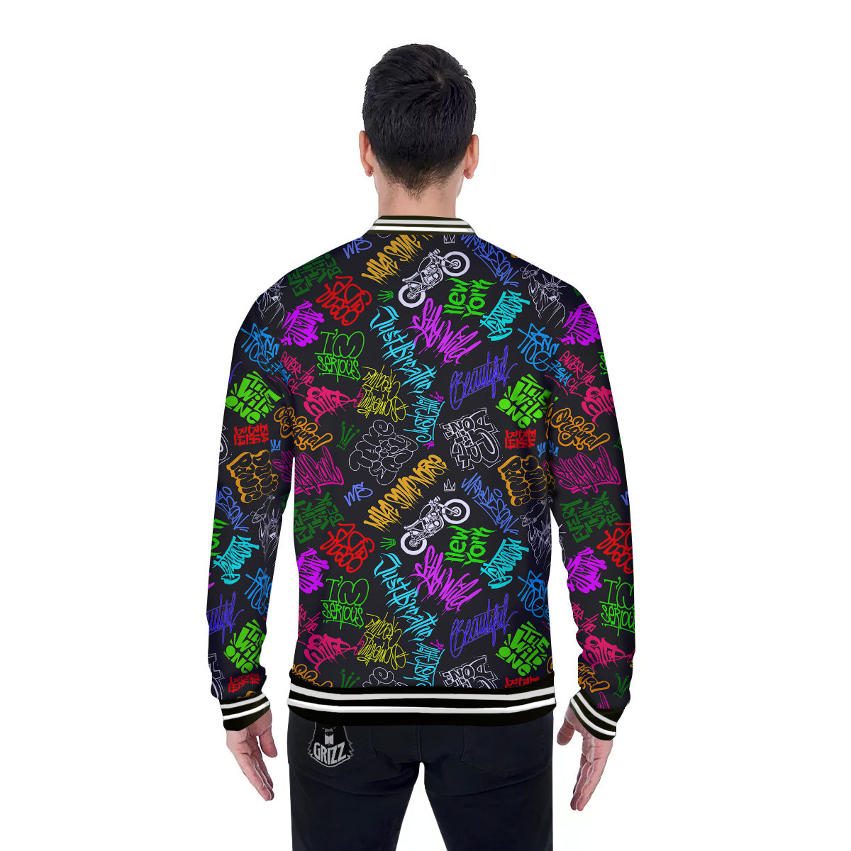 Graffiti Text Colorful Urban Elements Print Pattern Baseball Jacket-grizzshop