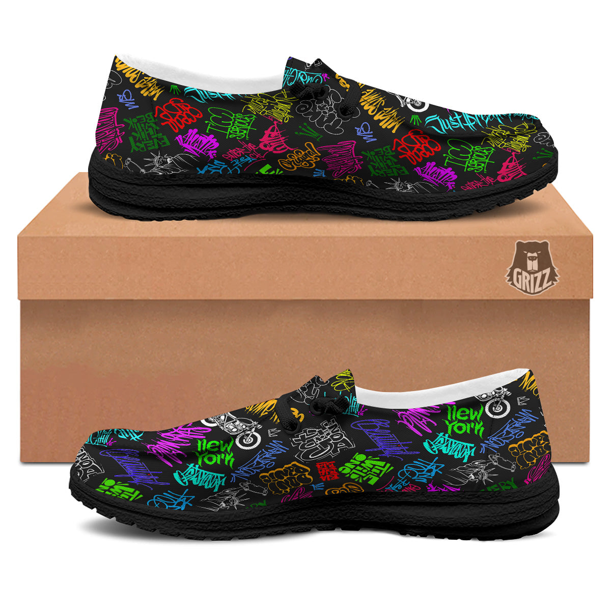 Graffiti Text Colorful Urban Elements Print Pattern Black Loafers-grizzshop