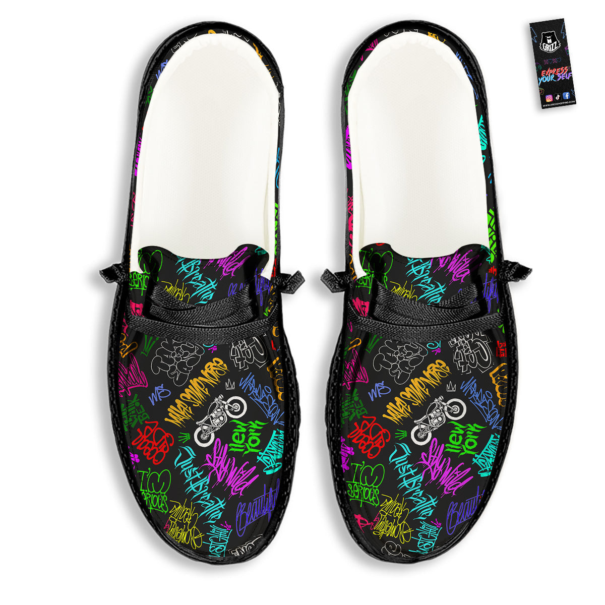 Graffiti Text Colorful Urban Elements Print Pattern Black Loafers-grizzshop