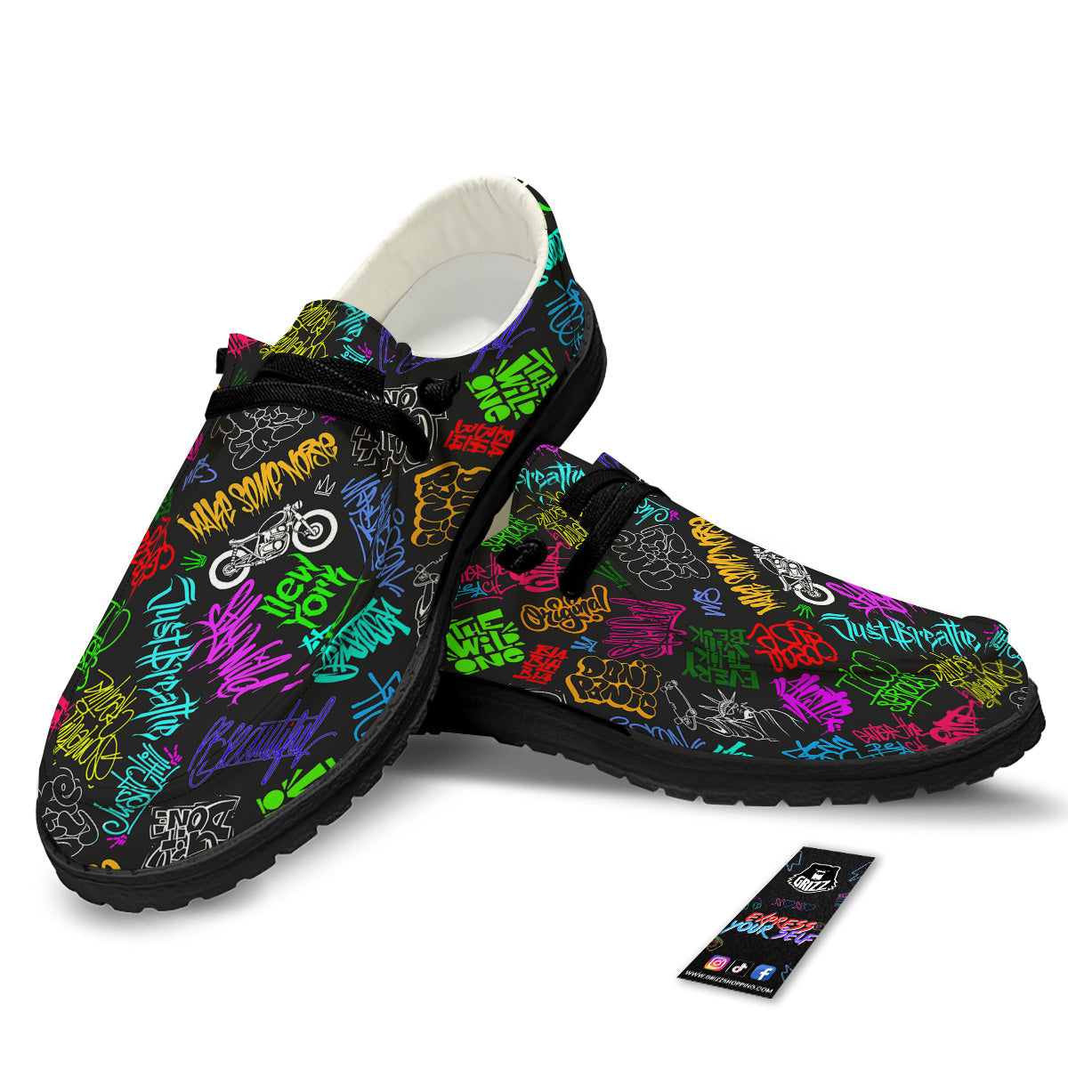 Graffiti Text Colorful Urban Elements Print Pattern Black Loafers-grizzshop