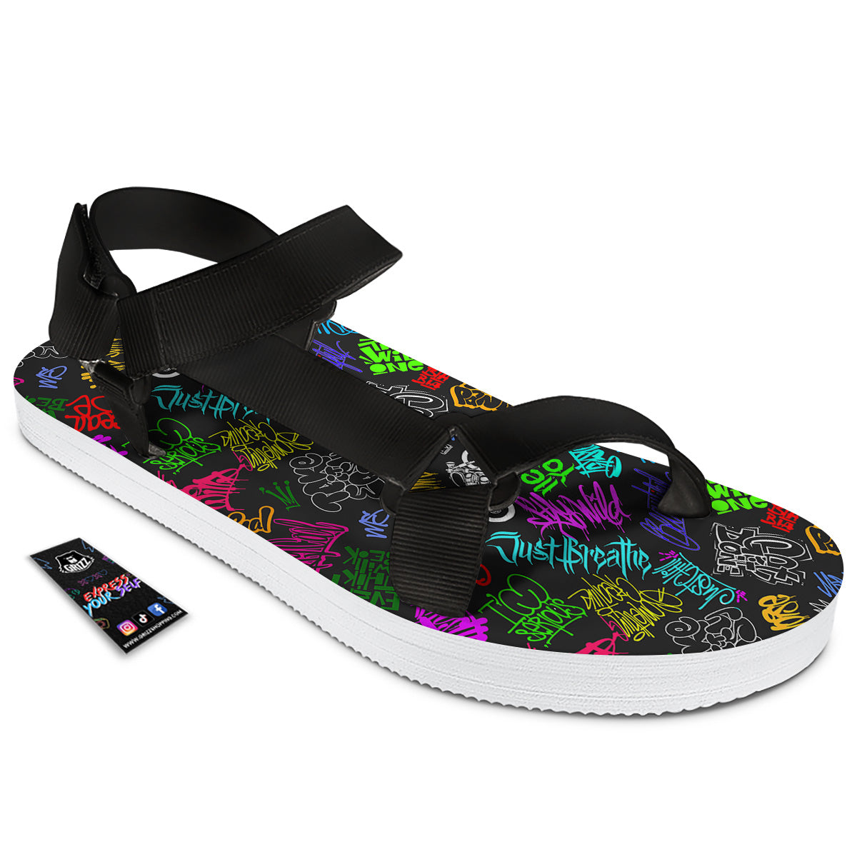 Graffiti Text Colorful Urban Elements Print Pattern Black Open Toe Sandals-grizzshop