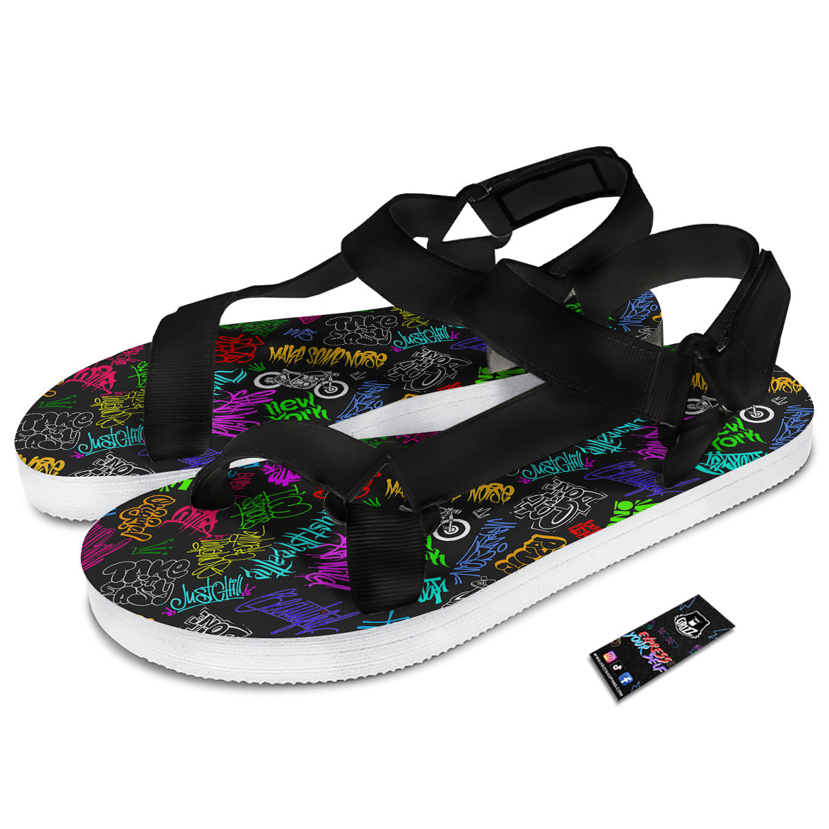 Graffiti Text Colorful Urban Elements Print Pattern Black Open Toe Sandals-grizzshop