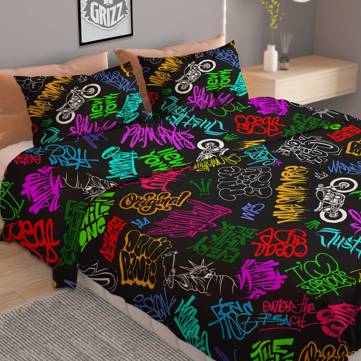 Graffiti Text Colorful Urban Elements Print Pattern Duvet Cover Bedding Set