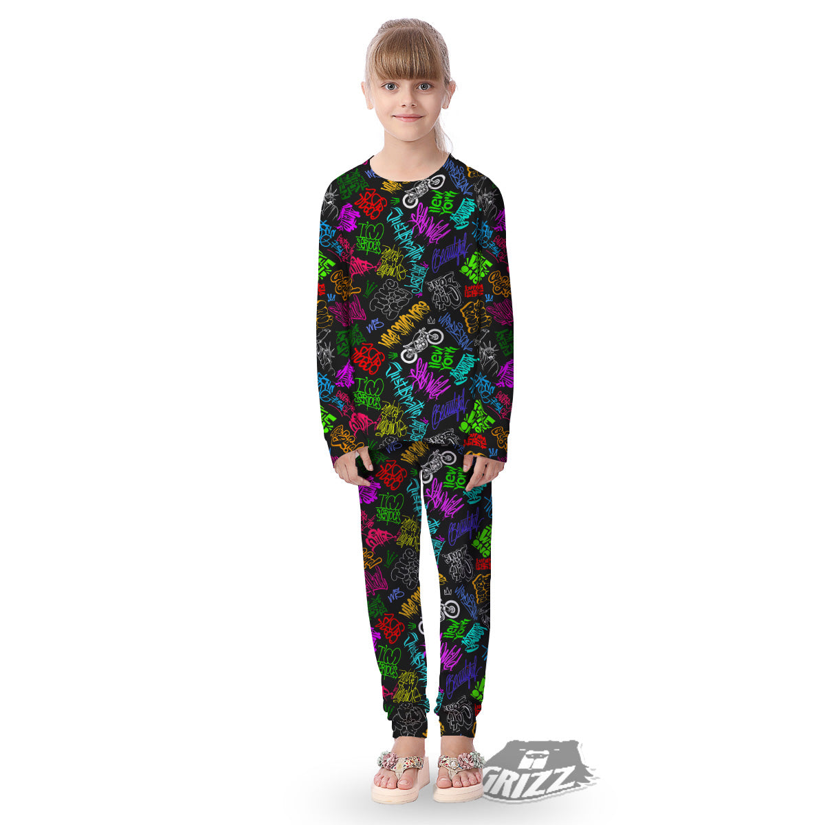 Graffiti Text Colorful Urban Elements Print Pattern Kid's Pajamas-grizzshop