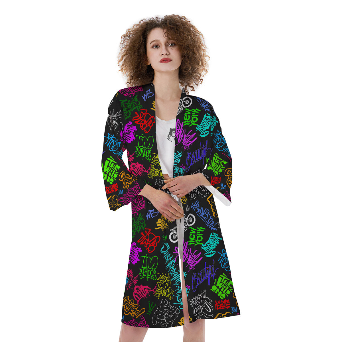 Graffiti Text Colorful Urban Elements Print Pattern Kimono-grizzshop