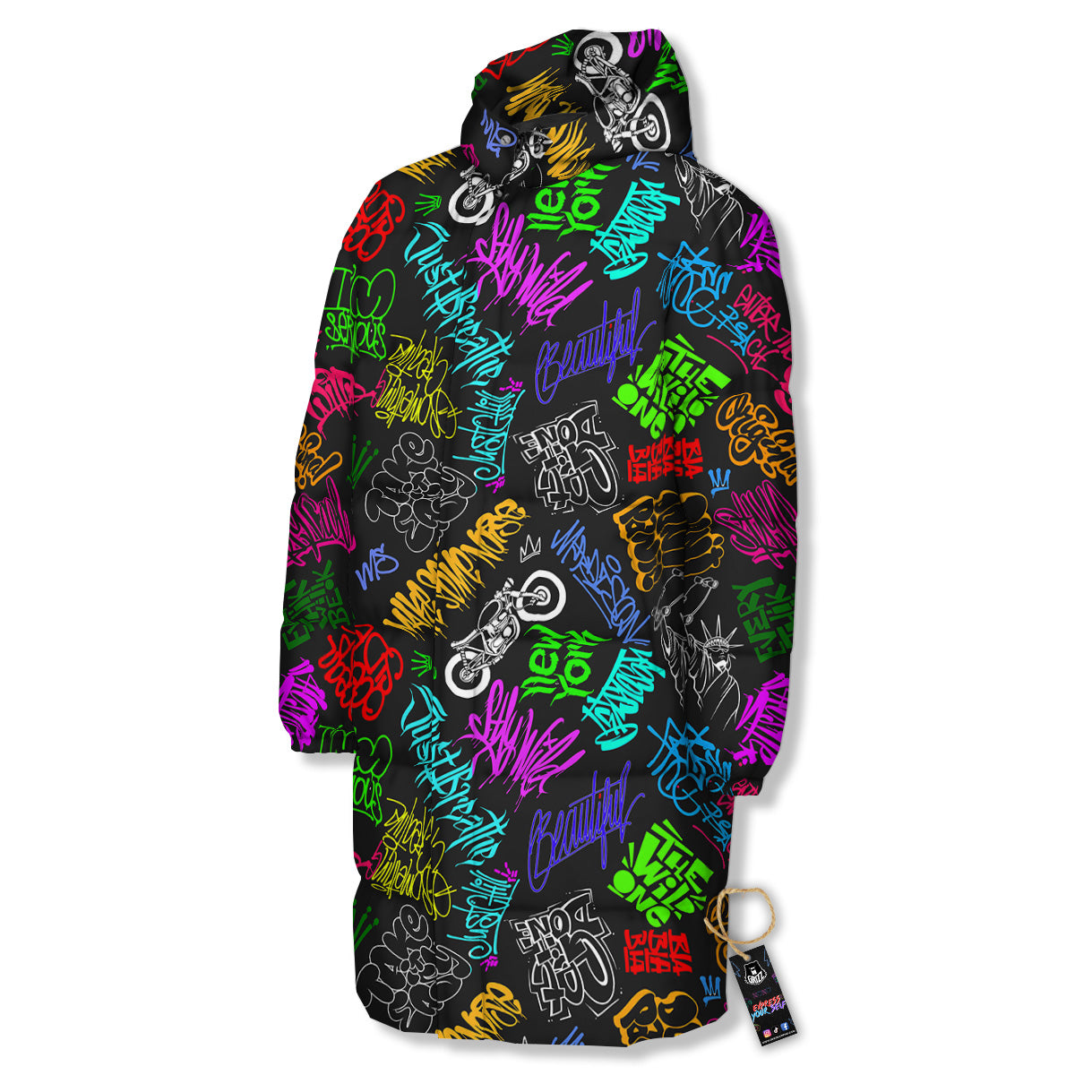 Graffiti Text Colorful Urban Elements Print Pattern Long Down Jacket-grizzshop