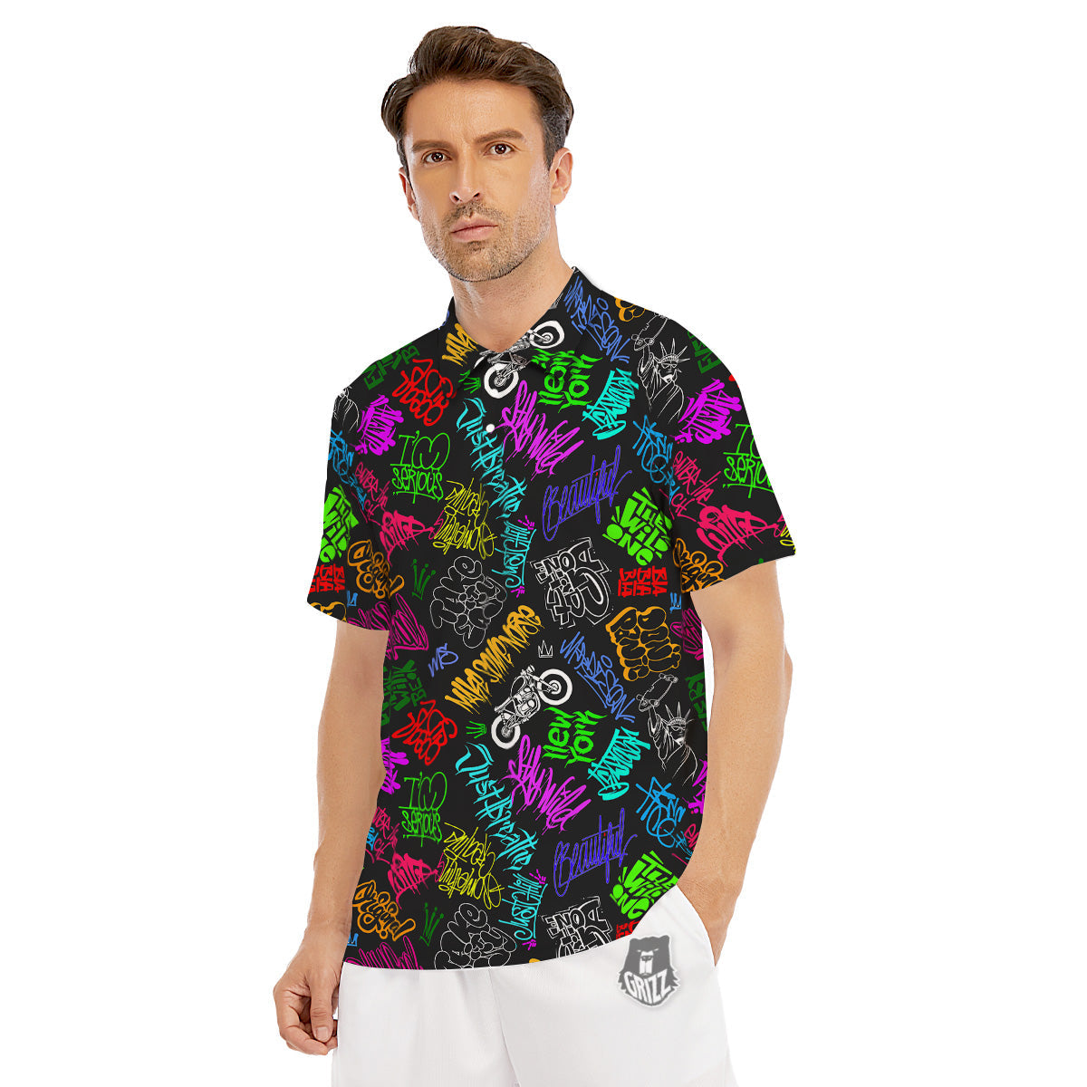 Graffiti Text Colorful Urban Elements Print Pattern Men's Golf Shirts-grizzshop