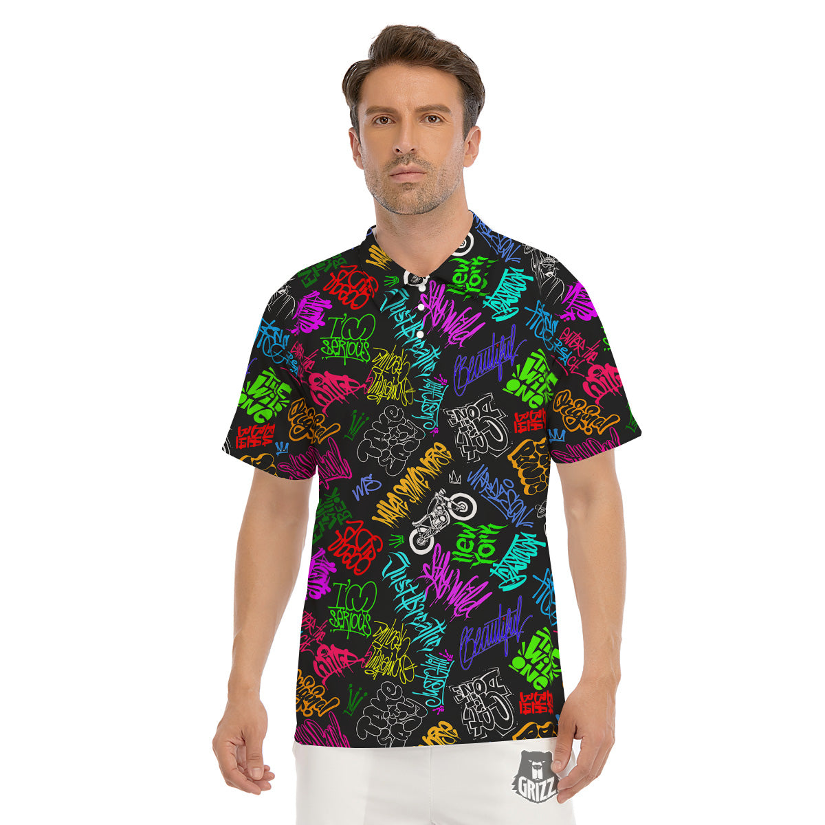 Graffiti Text Colorful Urban Elements Print Pattern Men's Golf Shirts-grizzshop