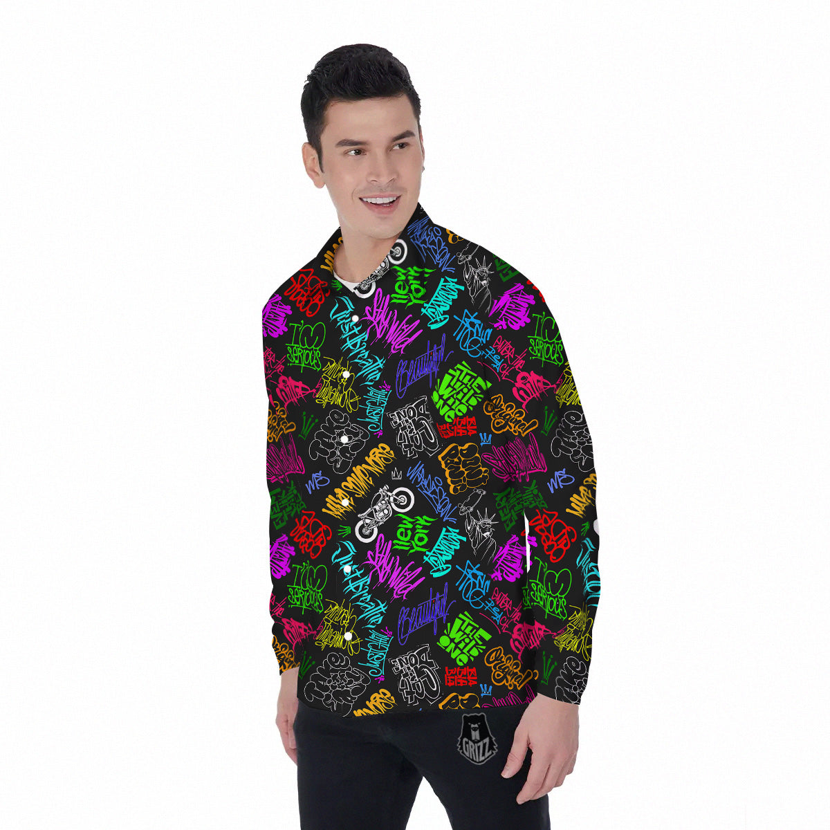 Graffiti Text Colorful Urban Elements Print Pattern Men's Long Sleeve Shirts-grizzshop