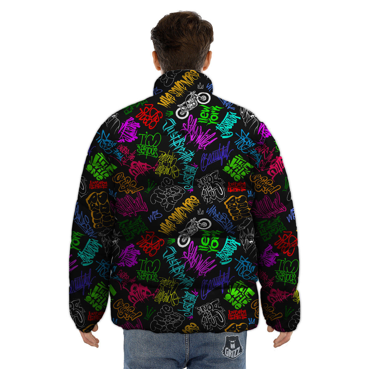 Graffiti Text Colorful Urban Elements Print Pattern Puffer Jacket-grizzshop