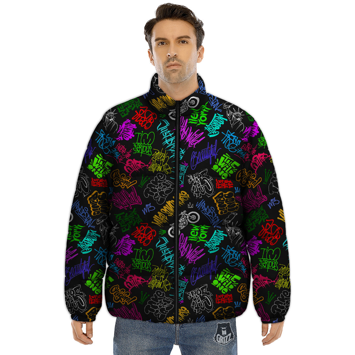 Graffiti Text Colorful Urban Elements Print Pattern Puffer Jacket-grizzshop