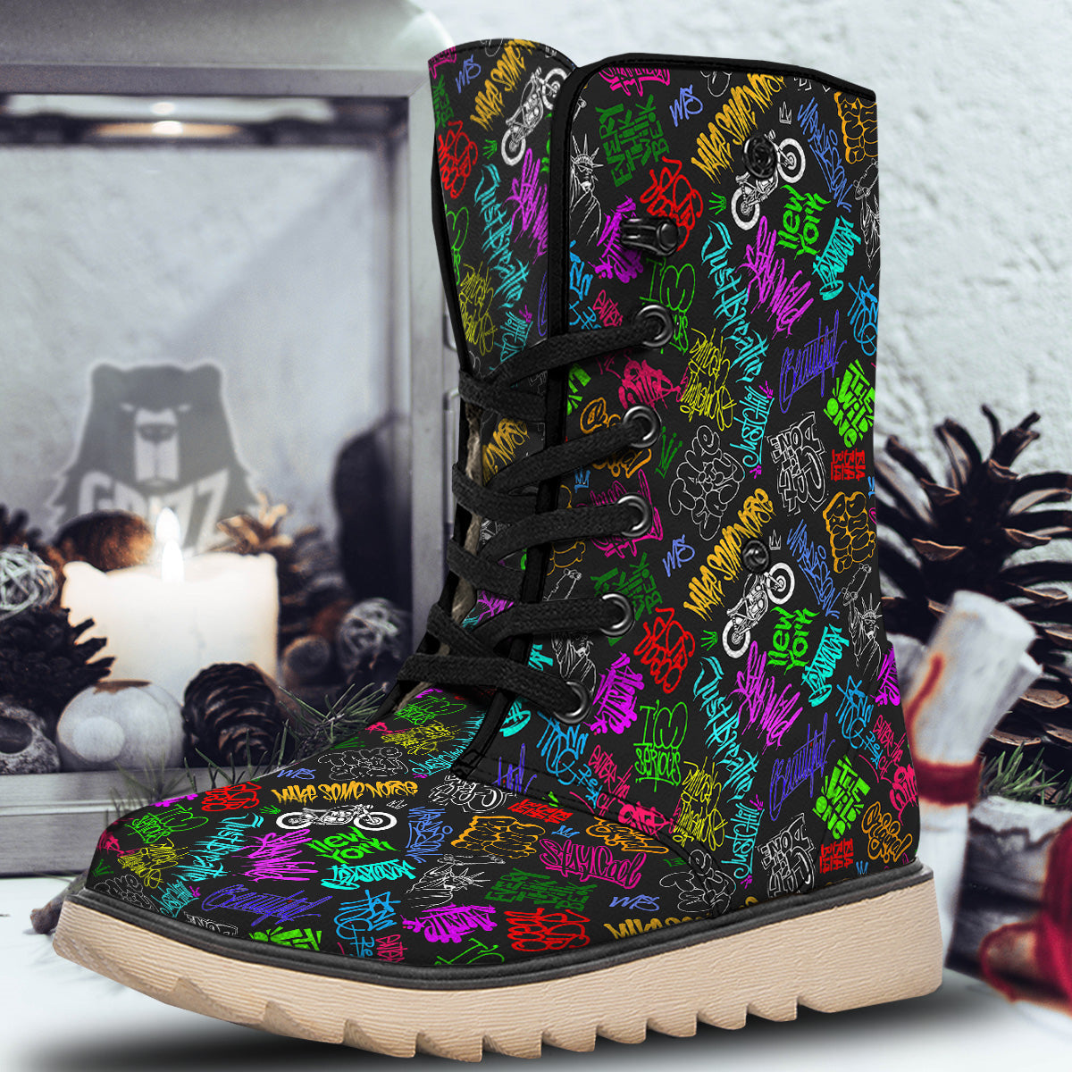 Graffiti Text Colorful Urban Elements Print Pattern Snow Boots-grizzshop