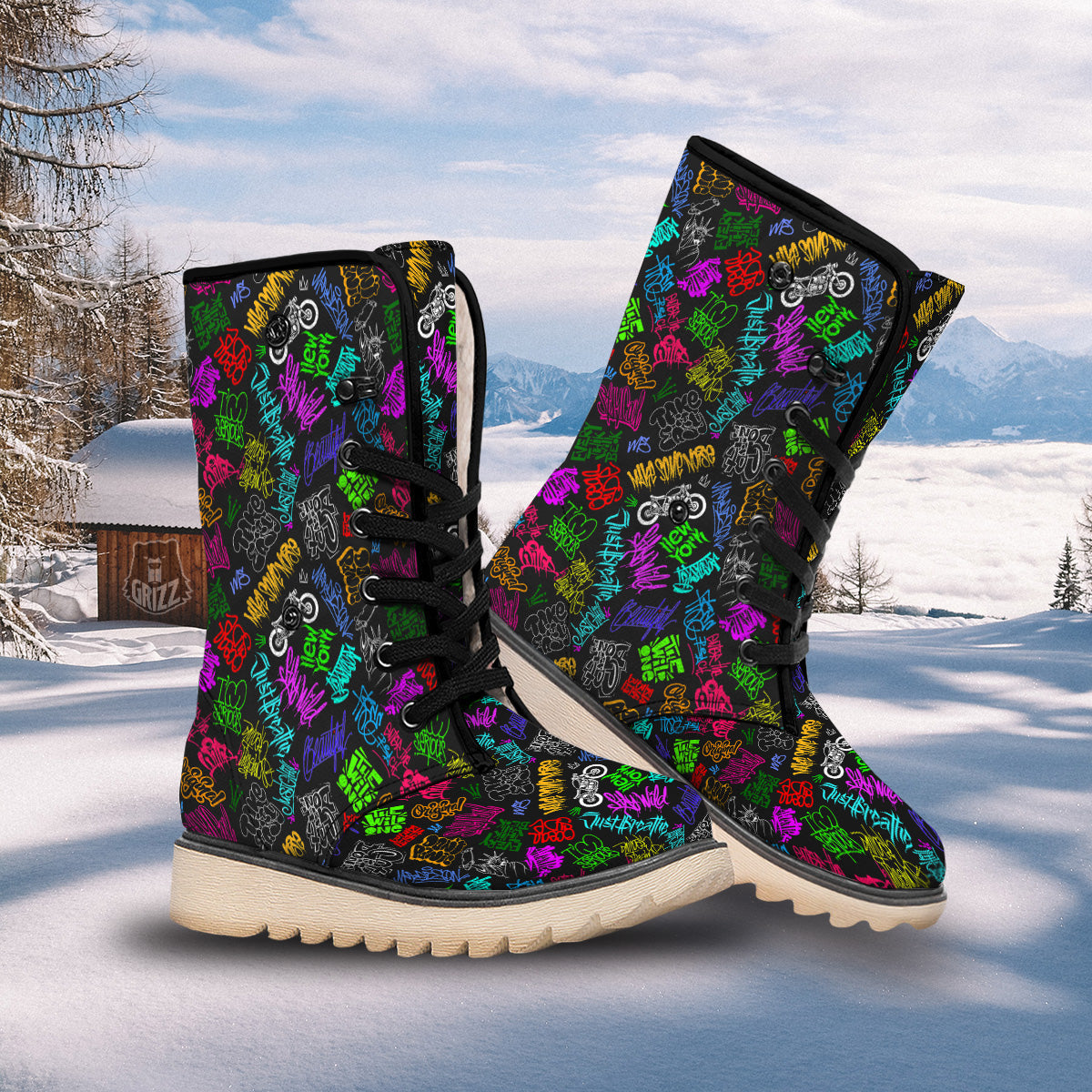 Graffiti Text Colorful Urban Elements Print Pattern Snow Boots-grizzshop