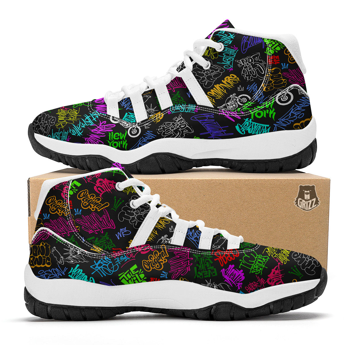 Graffiti Text Colorful Urban Elements Print Pattern White Bball Shoes-grizzshop