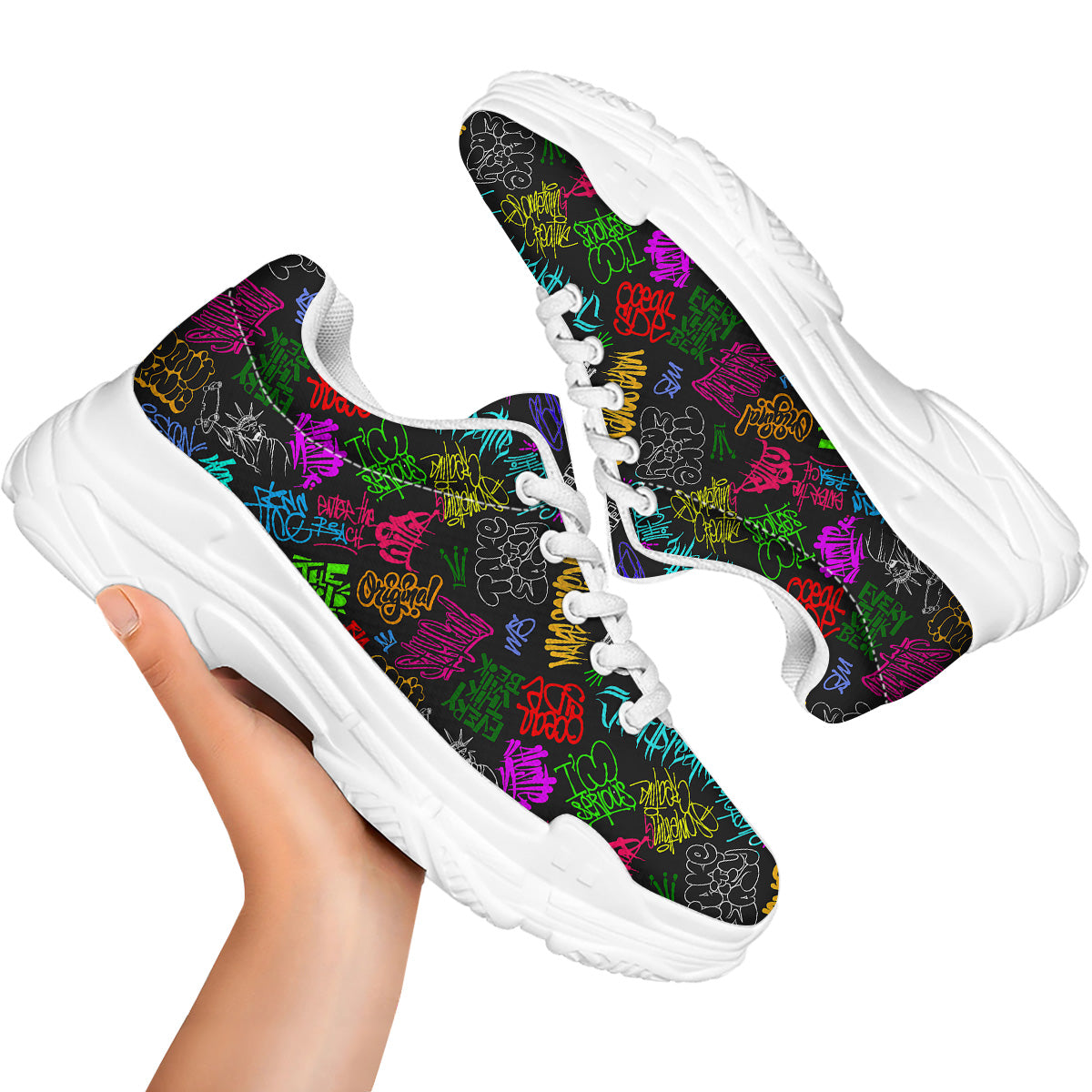 Graffiti Text Colorful Urban Elements Print Pattern White Chunky Shoes-grizzshop