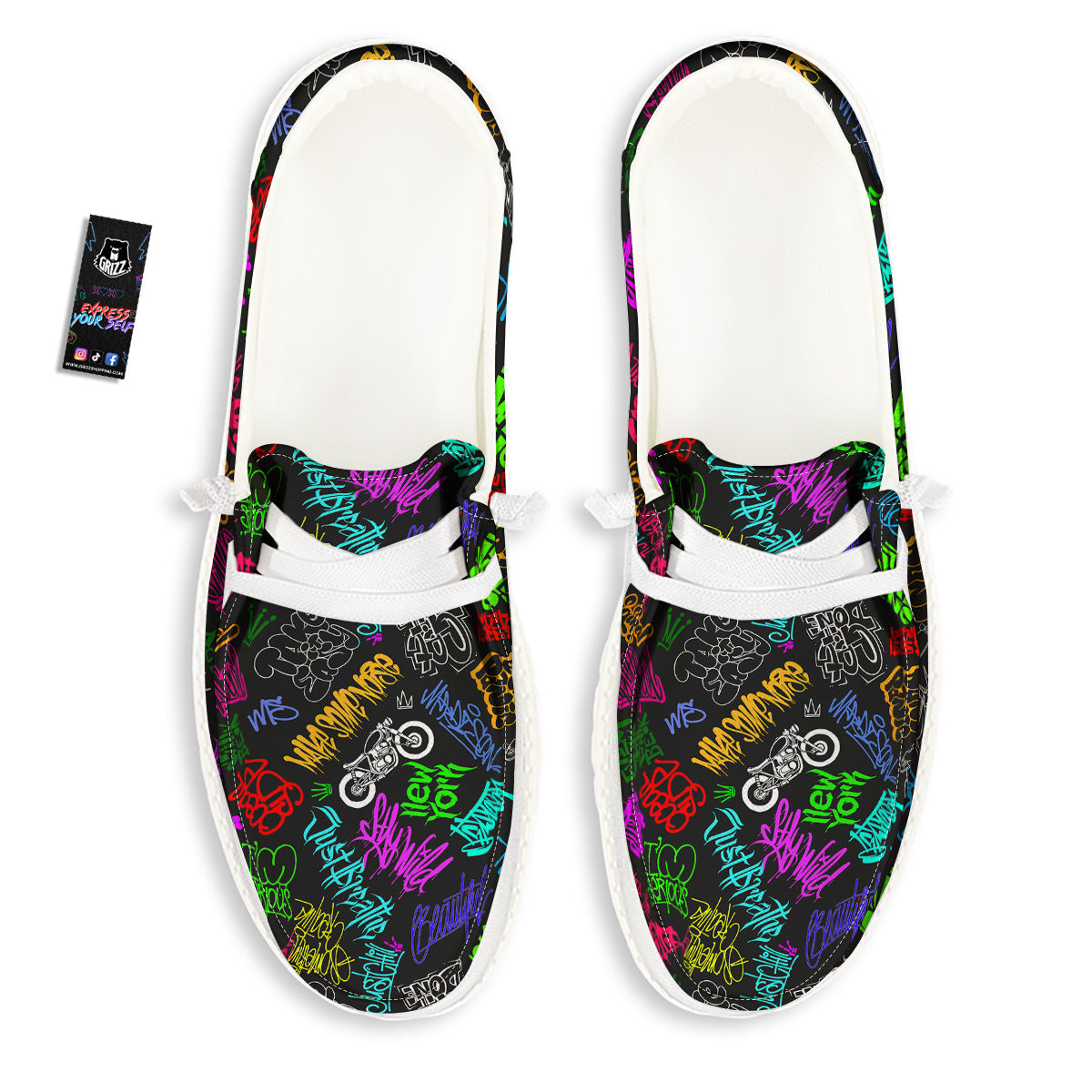 Graffiti Text Colorful Urban Elements Print Pattern White Loafers-grizzshop