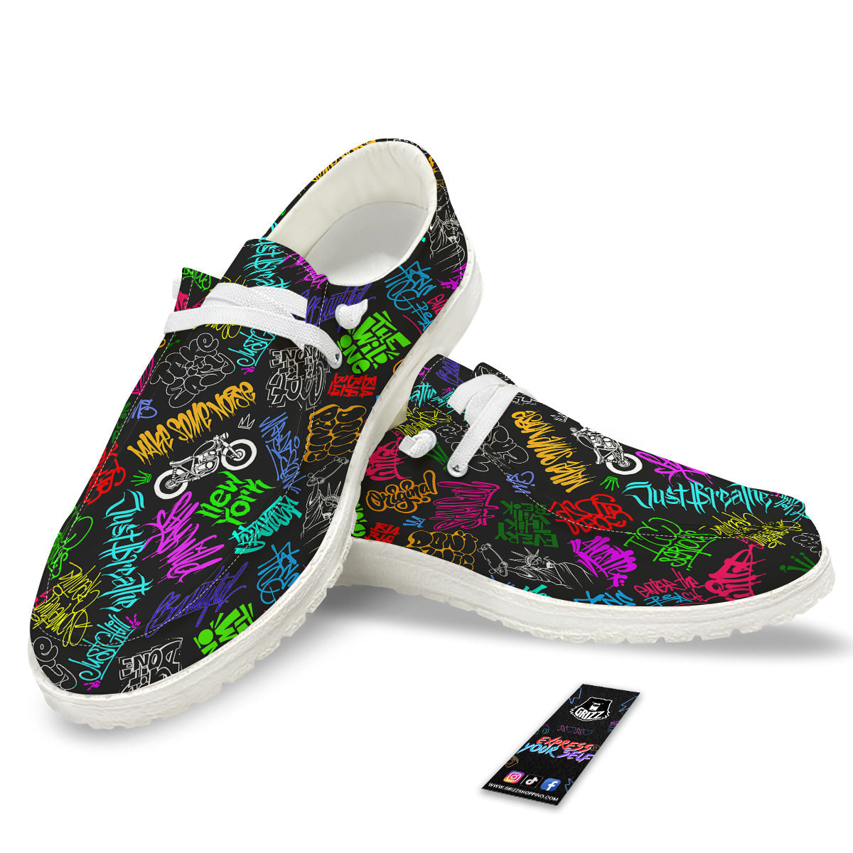 Graffiti Text Colorful Urban Elements Print Pattern White Loafers-grizzshop