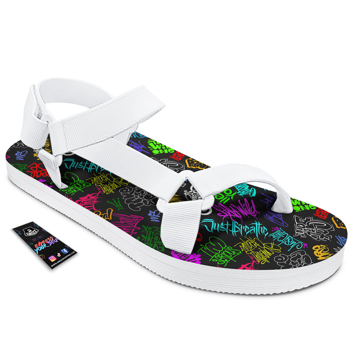 Graffiti Text Colorful Urban Elements Print Pattern White Open Toe Sandals-grizzshop