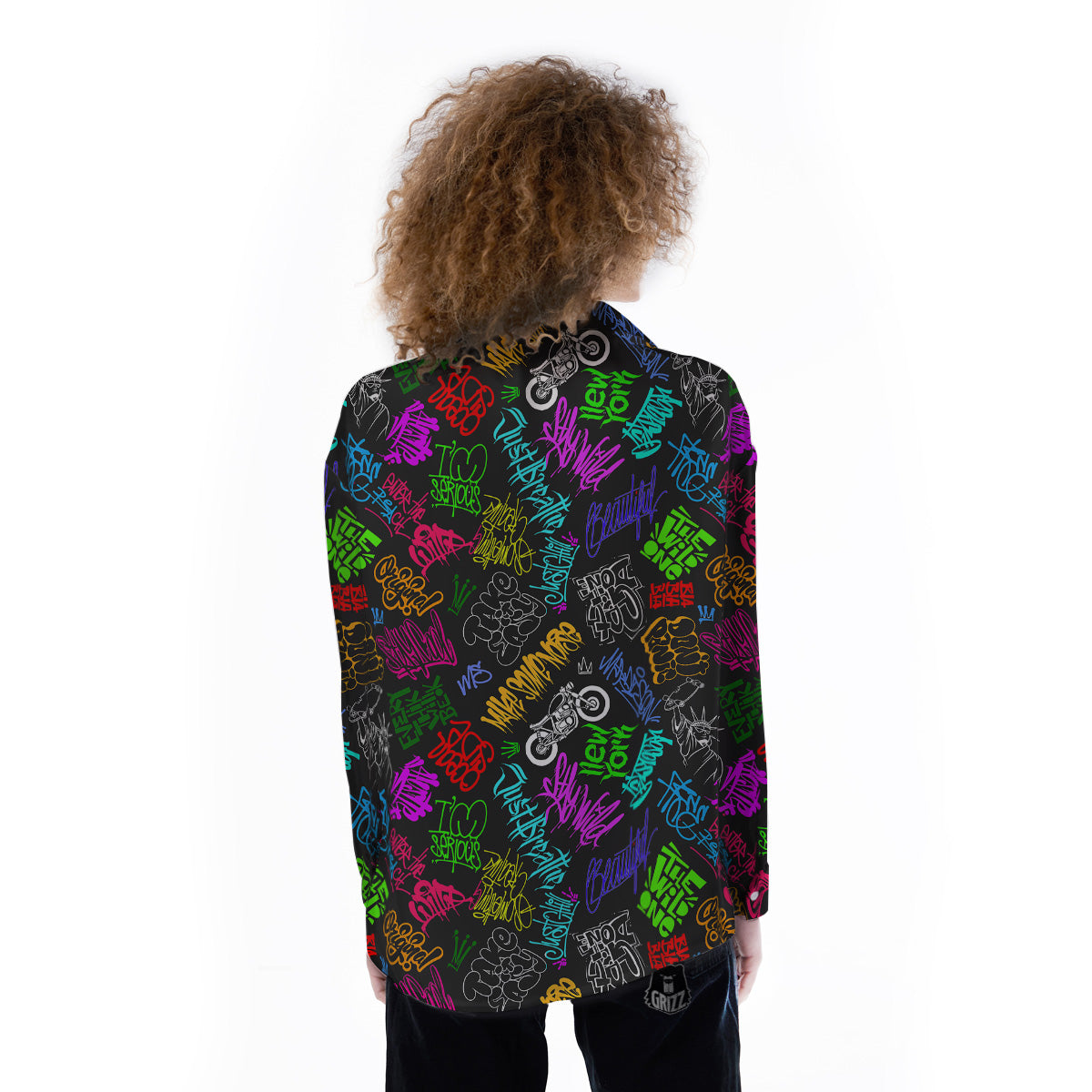 Graffiti Text Colorful Urban Elements Print Pattern Women's Long Sleeve Shirts-grizzshop