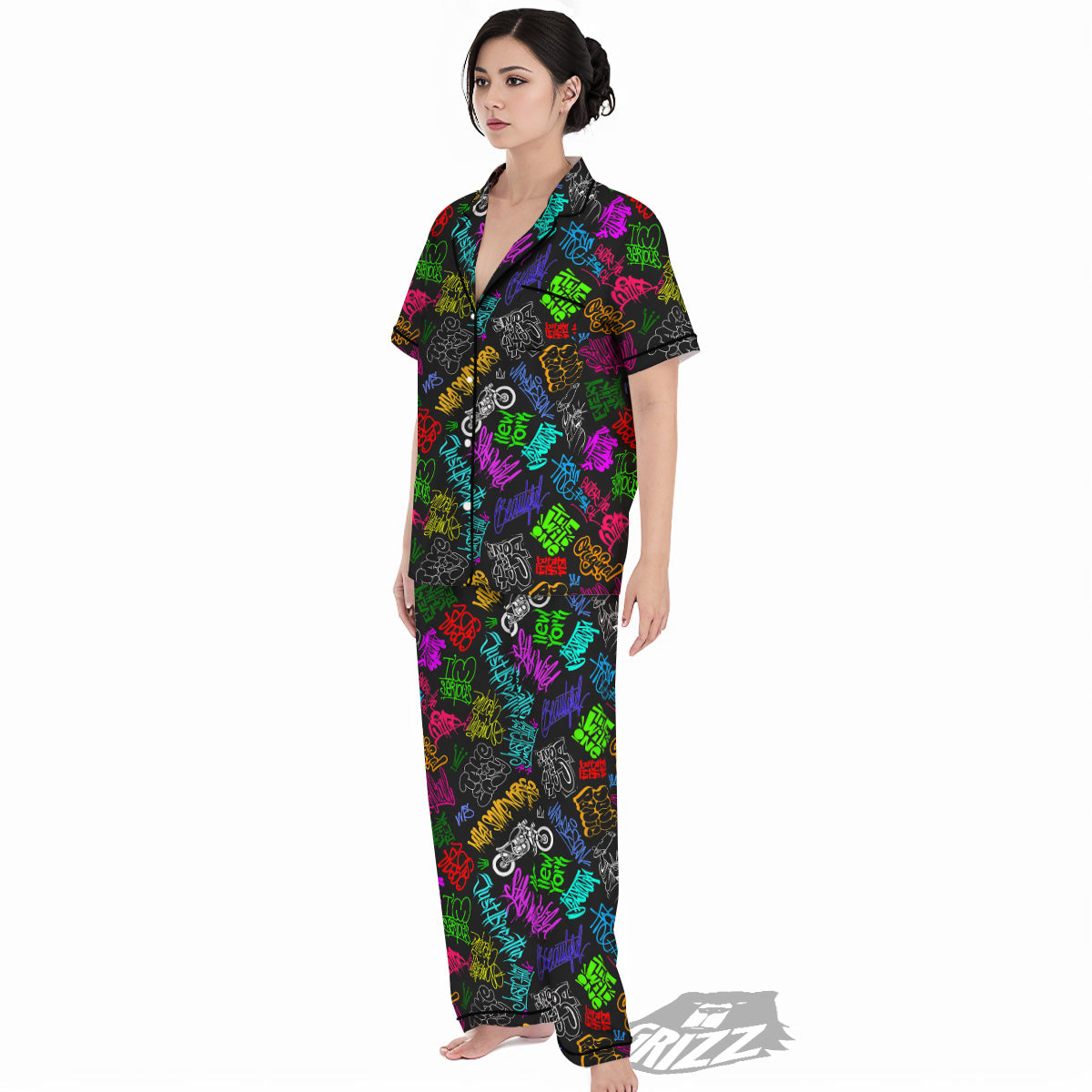 Graffiti Text Colorful Urban Elements Print Pattern Women's Pajamas Set-grizzshop