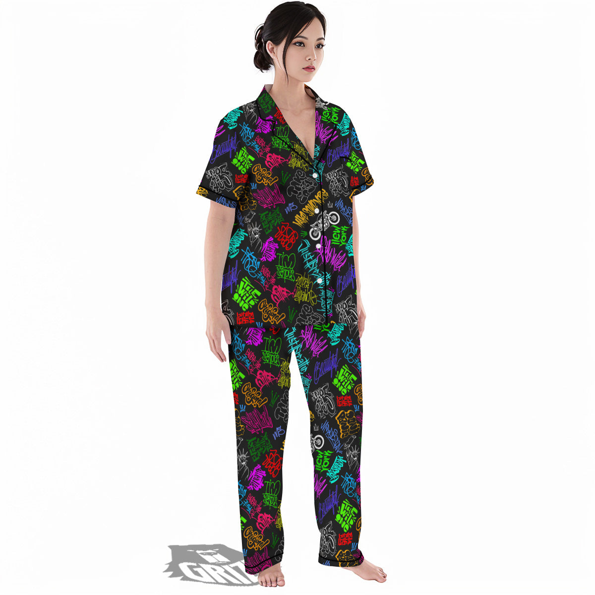 Graffiti Text Colorful Urban Elements Print Pattern Women's Pajamas Set-grizzshop