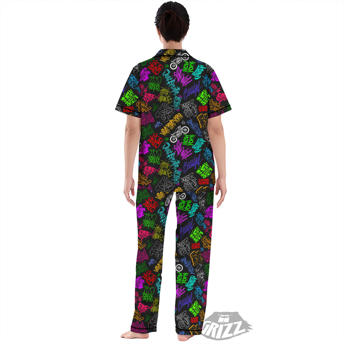 Graffiti Text Colorful Urban Elements Print Pattern Women's Pajamas Set-grizzshop