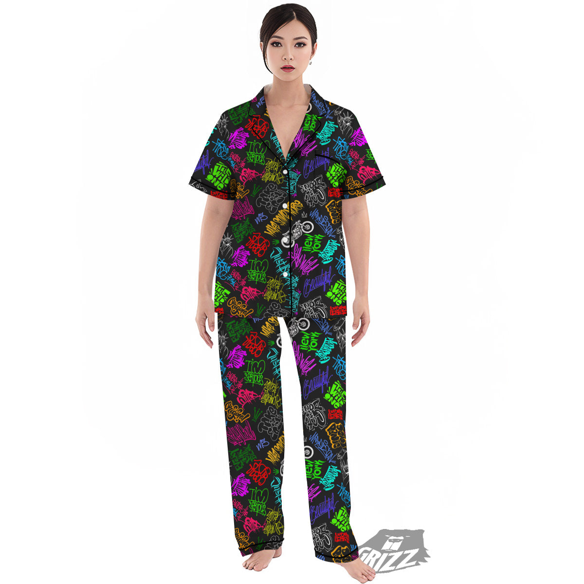 Graffiti Text Colorful Urban Elements Print Pattern Women's Pajamas Set-grizzshop