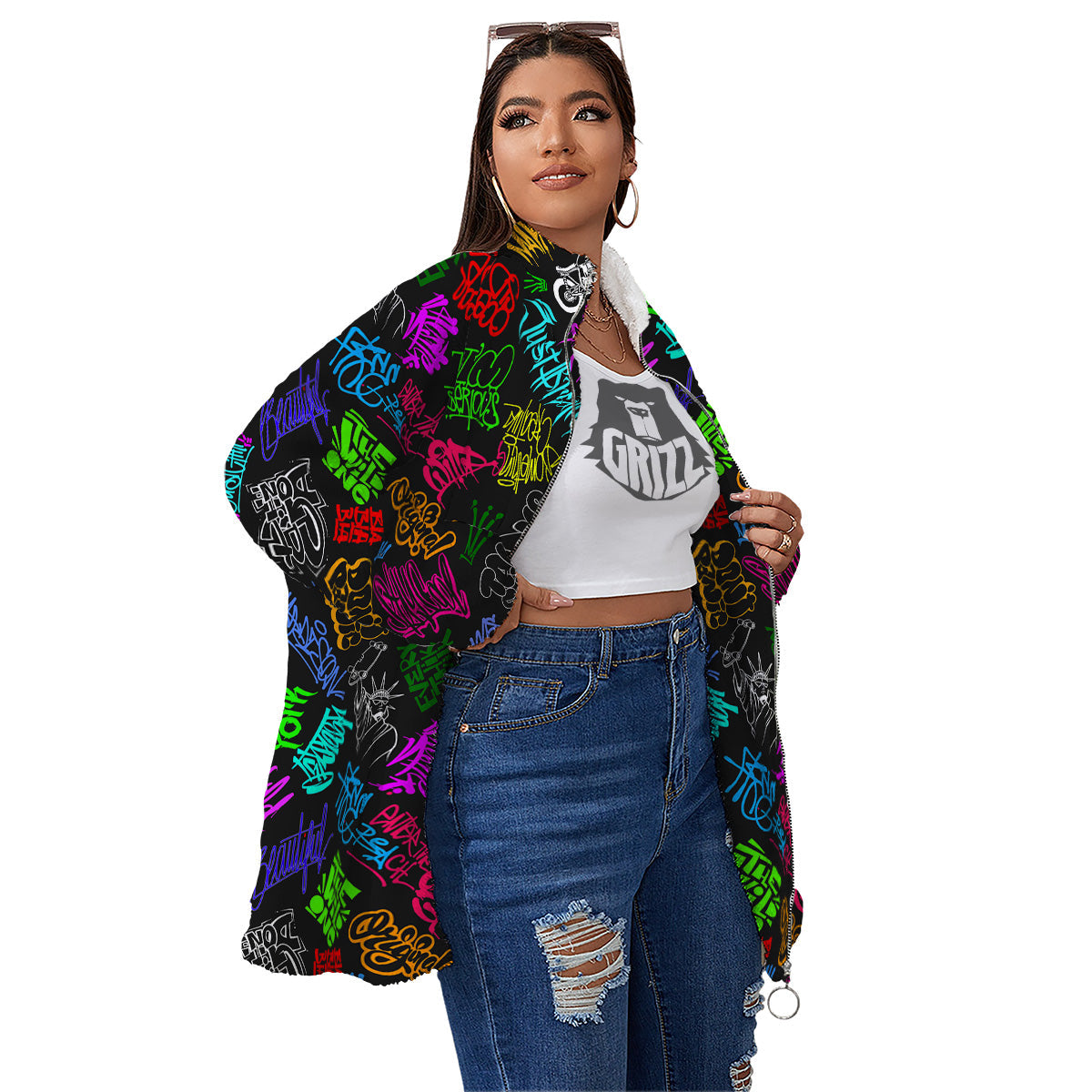 Graffiti Text Colorful Urban Elements Print Pattern Women's Sherpa Jacket-grizzshop