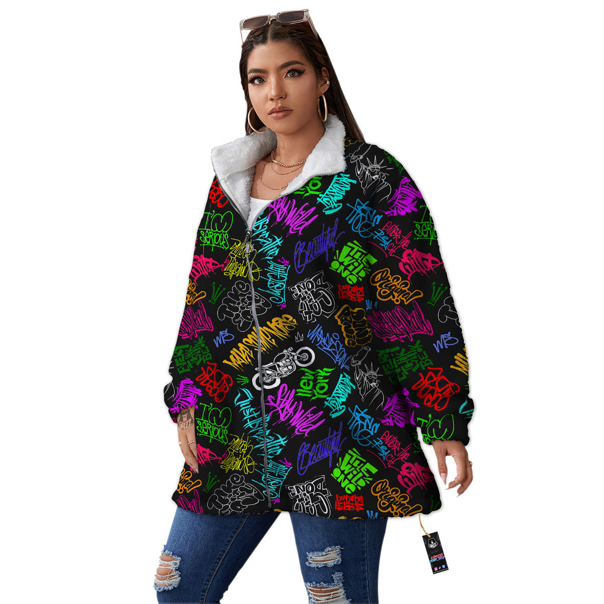 Graffiti Text Colorful Urban Elements Print Pattern Women's Sherpa Jacket-grizzshop