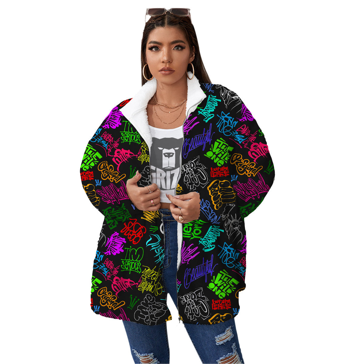 Graffiti Text Colorful Urban Elements Print Pattern Women's Sherpa Jacket-grizzshop