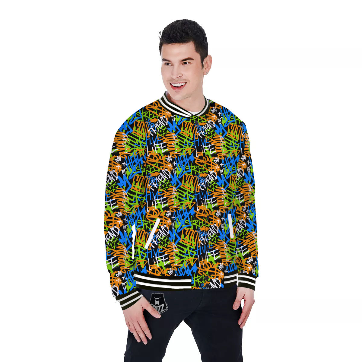 Graffiti Text Print Pattern Baseball Jacket-grizzshop