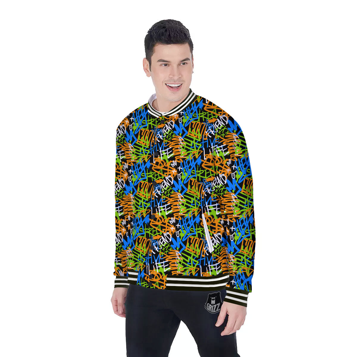 Graffiti Text Print Pattern Baseball Jacket-grizzshop